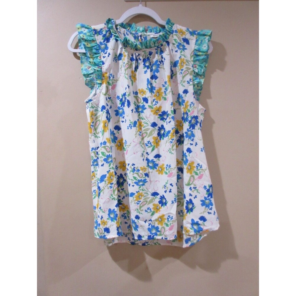 Staccato White Floral Ruffled Sleeve Blouse with Blue and Yellow Print
